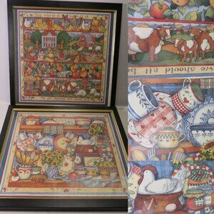 Susan Winget (2) Framed Farmhouse Prints Chickens, Cows, Dishes, sunflowers